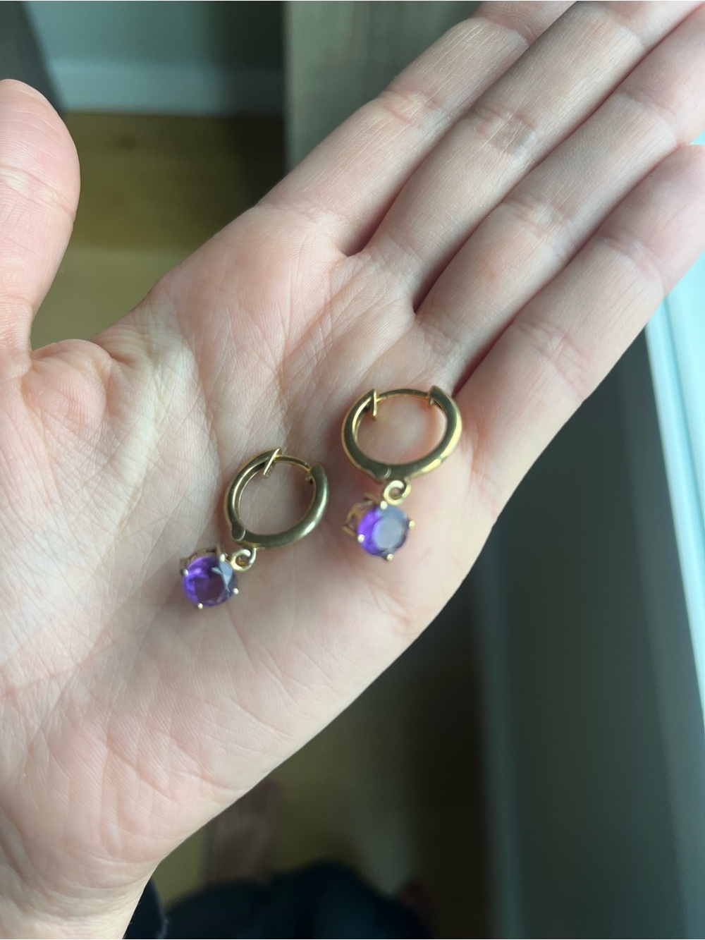 Gold Plate Amethyst Drop Huggies Earrings